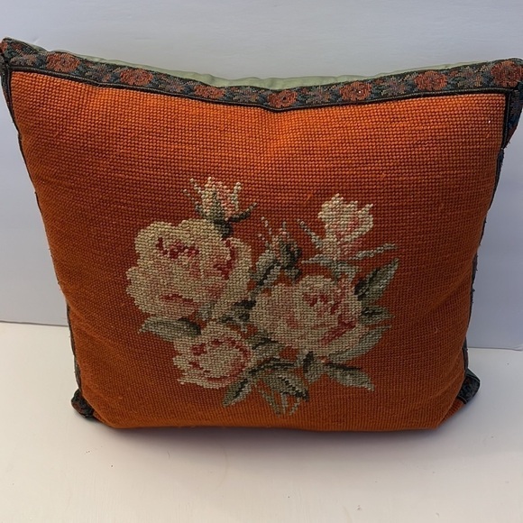 Vintage Handmade Victorian Style Needle Point Pillow with Roses - Picture 3 of 7